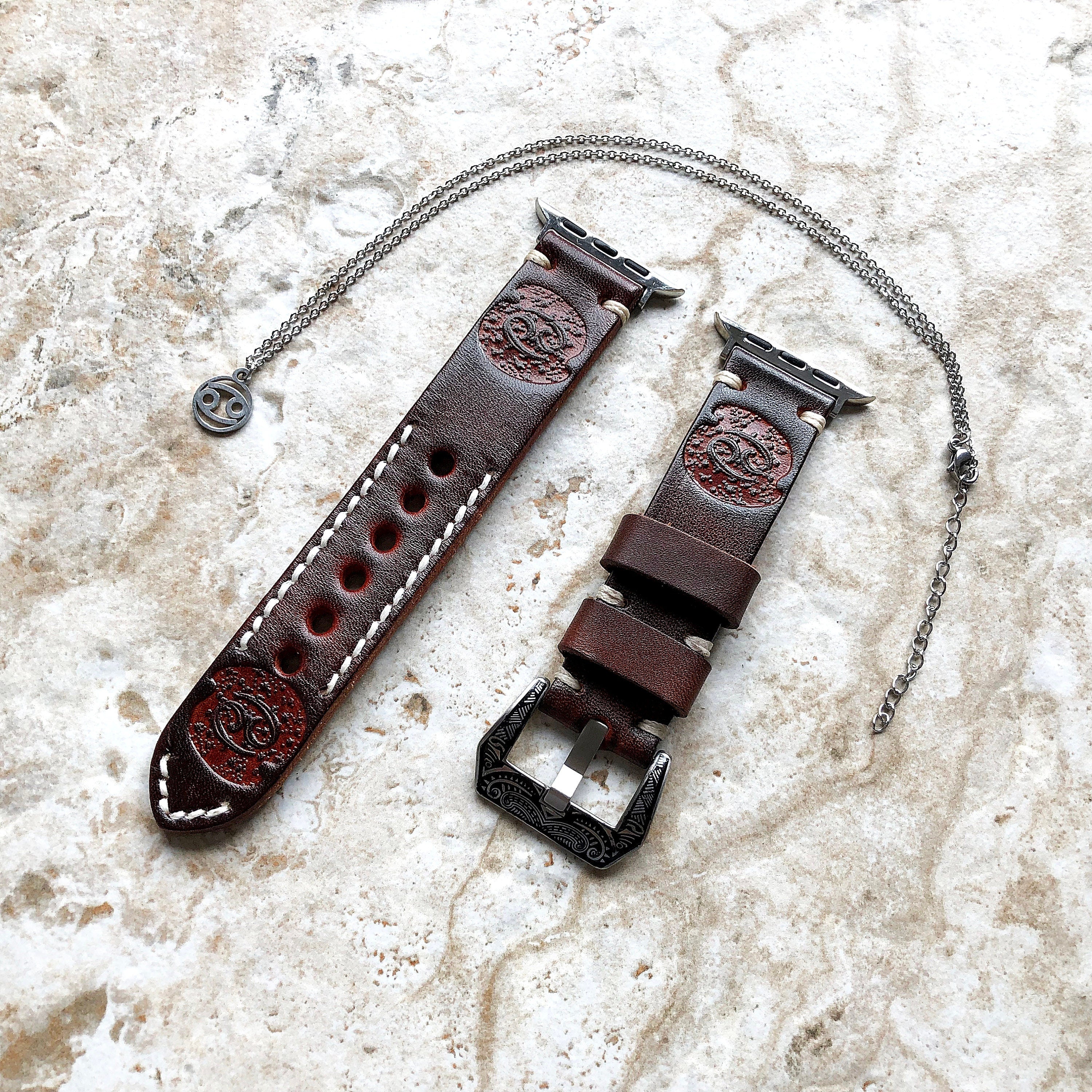 Apple Watch Cancer Zodiac Band Set for iWatch Ultra 2 49mm and 9 8 Series 41mm 45mm Case Brown Leather Tooled Embossed Strap and Necklace